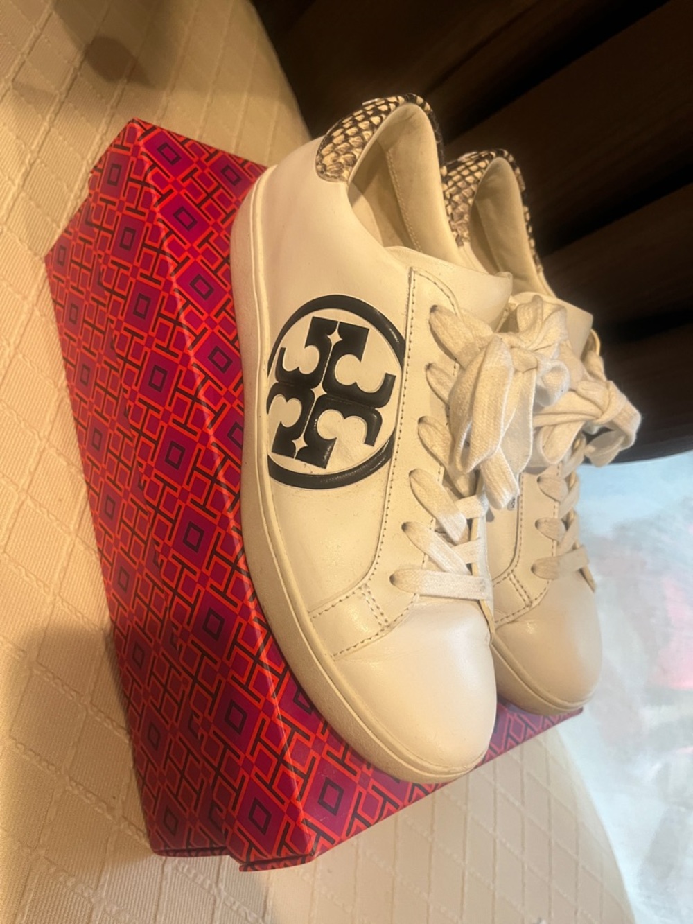 Tory Burch White Leather Sneakers with Black Logo and Snake-Print Heel